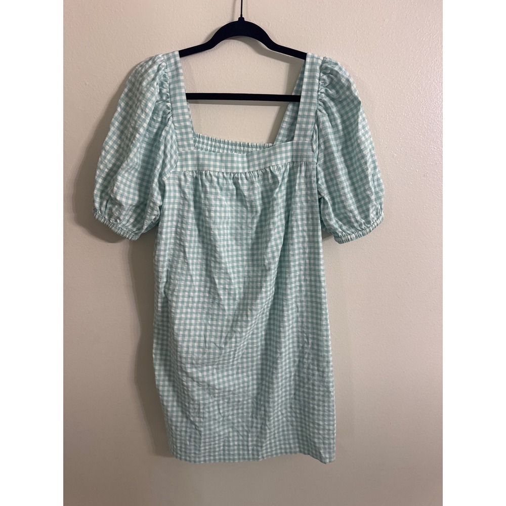 Vineyard Vines Performance Gingham Puff Sleeve Square Neck Dress Blue White S